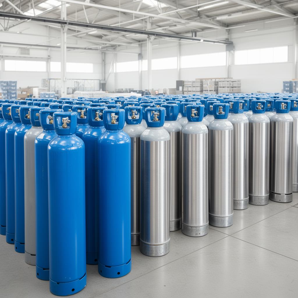 Industrial gas cylinders in storage