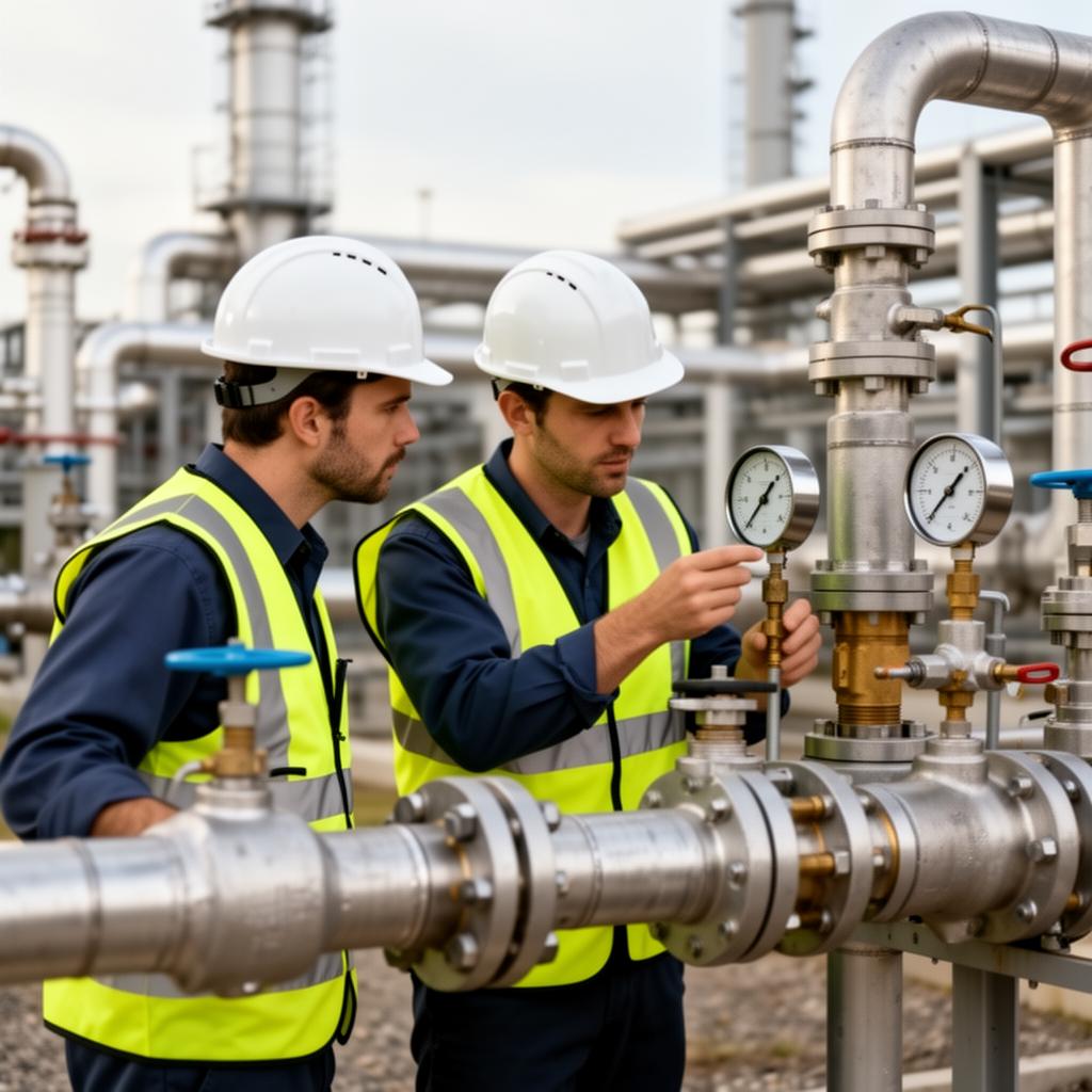 Engineers inspecting gas pipeline safety valves